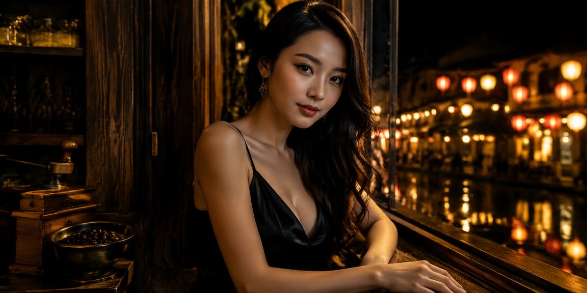 Người dùng xem thông tin kèo cược tại quán cà phê phố cổ Hội An buổi tối