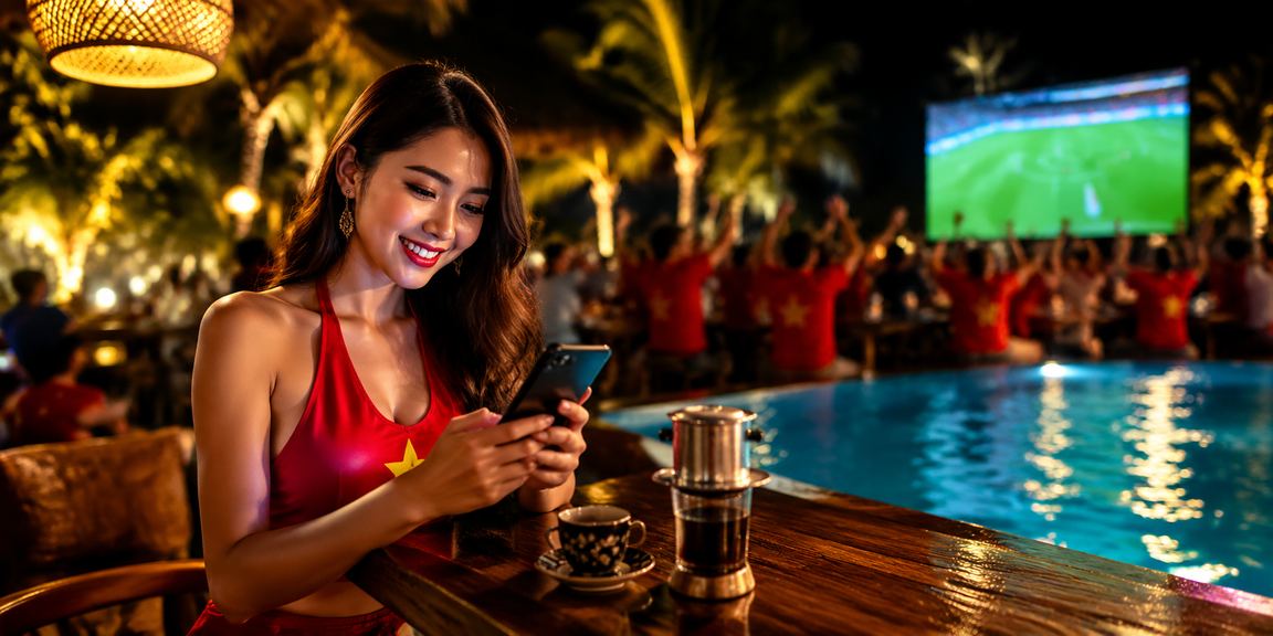 Người dùng trải nghiệm casino di động tại quán cà phê ven biển Mũi Né buổi chiều